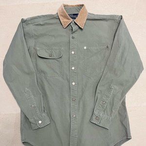 Vintage Polo Ralph Lauren Metal Button Work Shirt Olive Corduroy Collar Medium